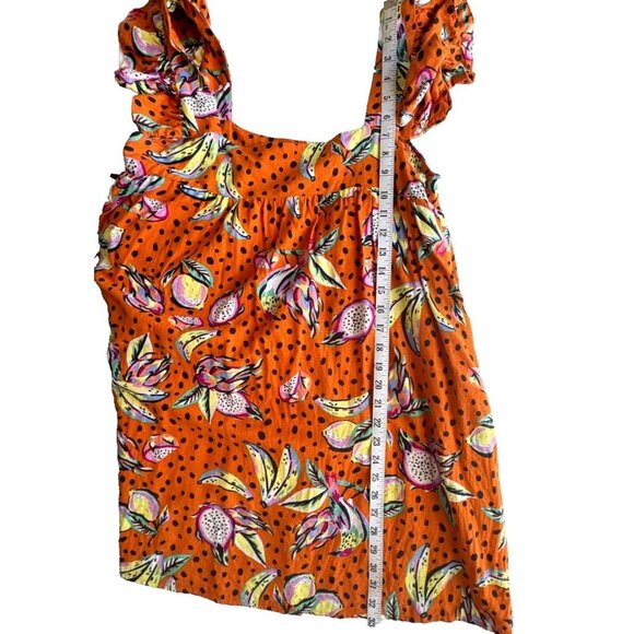 Kourt Aria Linen Tropical Short Dress Pockets Fruit Bird Medium Orange - Picture 12 of 14